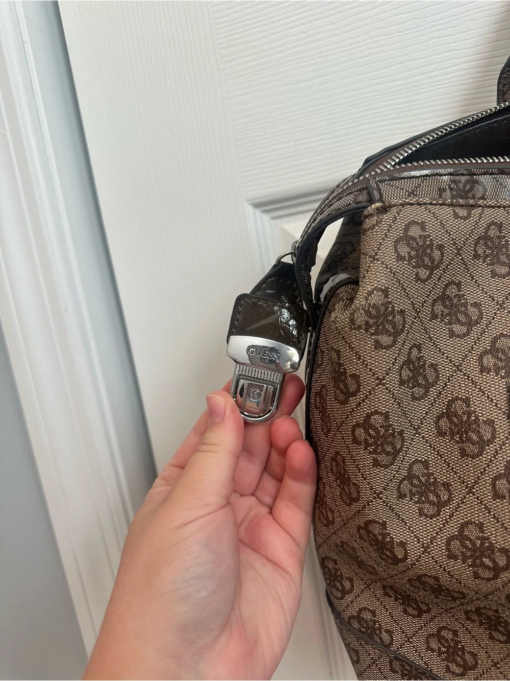 GUESS Brown Monogram Satchel Purse with Logo Plaque